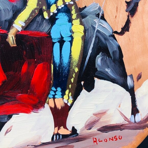 Mid Century Spanish Matador Painting Wooden Plate Wall Hanging Artist signed - Picture 4 of 11